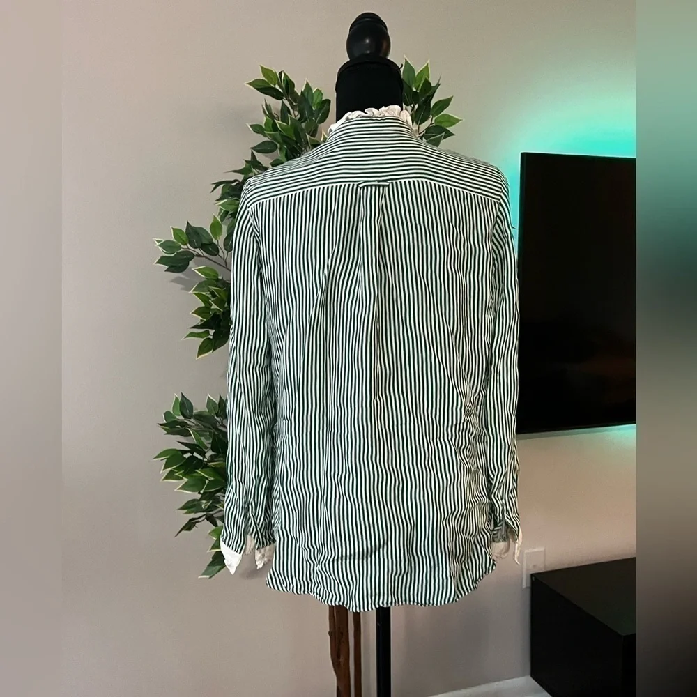 J.Crew Drapey Cupro Blend Ruffle Trim Striped Shirt White/Green size M